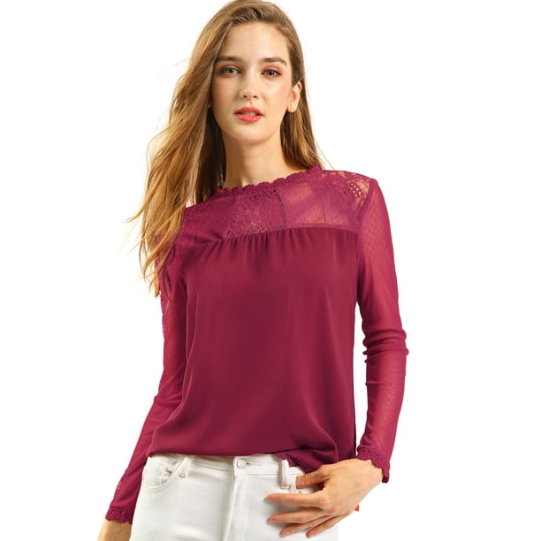 Blusa Allegra K CamiDe GaCon Cuello Redondo Y BluCampesiDe ManLarCon Panel Floral De Encaje PaMujer Vino rojo L