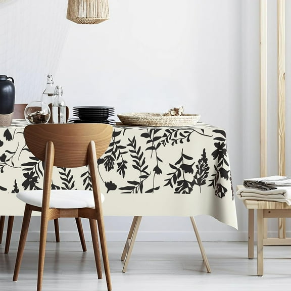 Black Leaves Fabric Waterproof Tablecloth,Rectangle Watercolor Wrinkle Oil-Proof Resistant Table Cover for Dining Table, Buffet Parties and Campin,(60" x 84" inch)