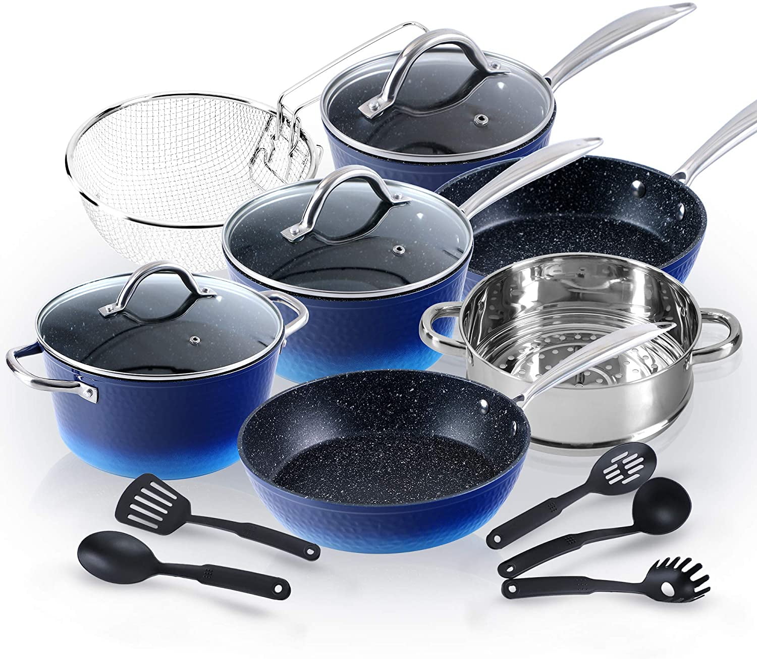 MF Studio 15 piece Induction Kitchen Cookware Sets Nonstick – Granite Hammered Pan Set, Dishwasher Safe Cooking Pots and Pans Set(Blue)