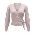 thumbnail image 4 of Admvng Women's Wrap V‑Neck Knit Sweater Long Sleeve Cropped Pullover Side Tie Knot Casual Fall Sweater, 4 of 9