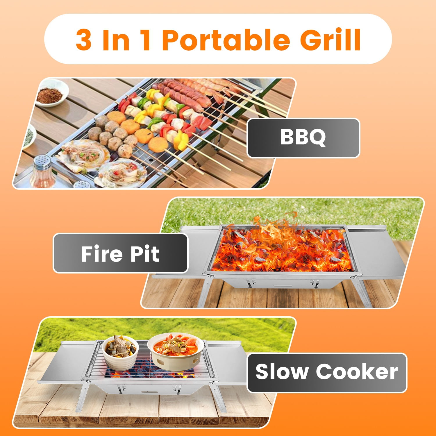 Imountek 3 in 1 Foldable Charcoal Grill, Fire Pit Slow Cooker 2-3 People Stainless Steel BBQ Grill for Camping Tailgating Yard