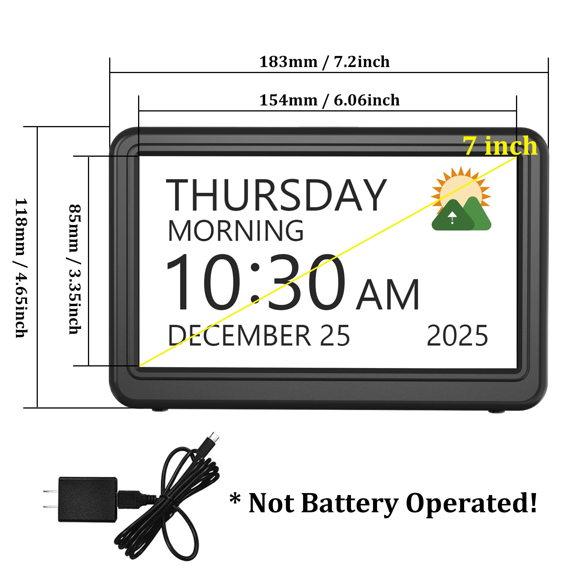 Clock With Day And Date For  7" Large Display Digital Calendar 20 Custom Alarms Reminders Dimmable Dementia Alzheimers Clocks Seniors Black (ac Powered)