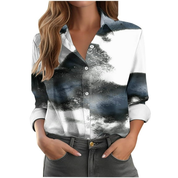 Tops for Women under $10 Long Sleeve Printed Lapel Button Down Shirt Top Navy S