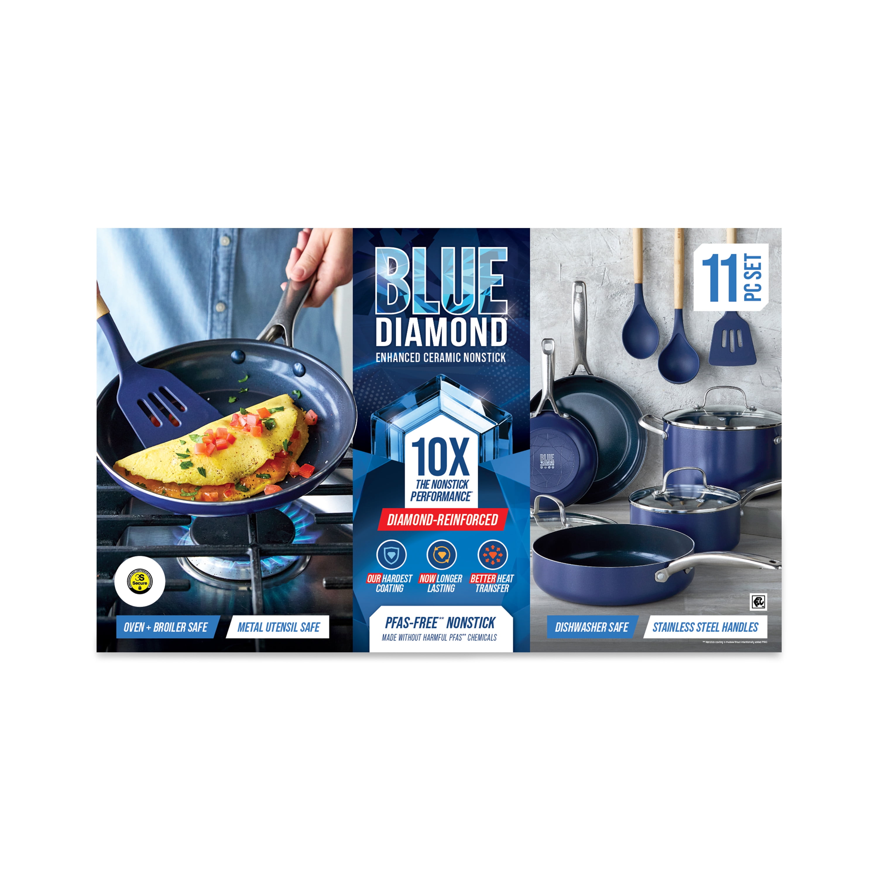 Blue Diamond 11 Piece Ceramic Nonstick Cookware Set, Blue