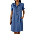 thumbnail image 2 of 2026 Summer Dress for Women Cotton Linen Casual Comfortable Pocket Buttoned Short Sleeved Knee-Length Dress, 2 of 7