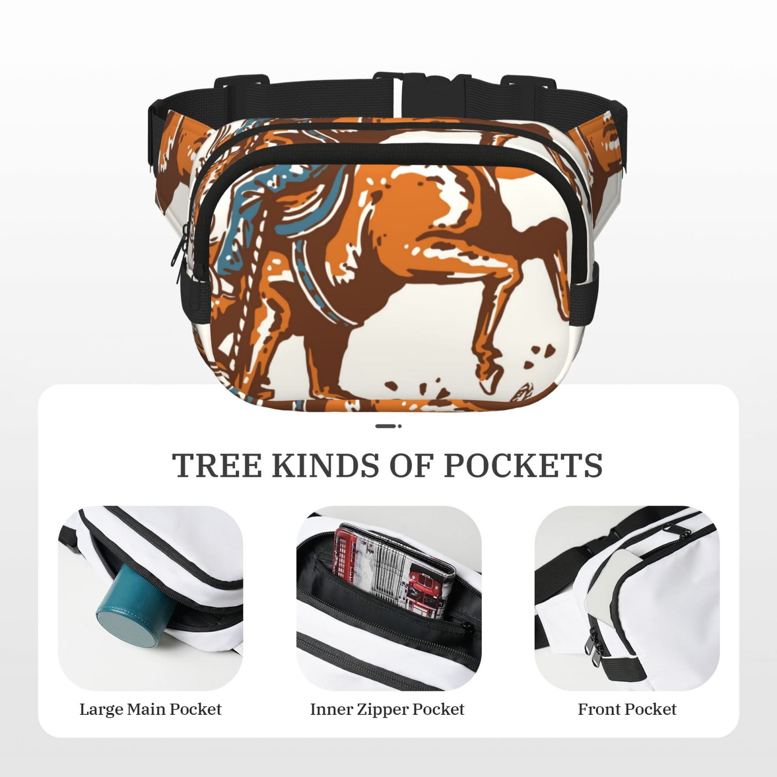 Picia Cowboy Riding Horse Print Square Double-Layer Waist Bag Mini Adjustable Waist Belt Bag Exercise Running Travel Hiking