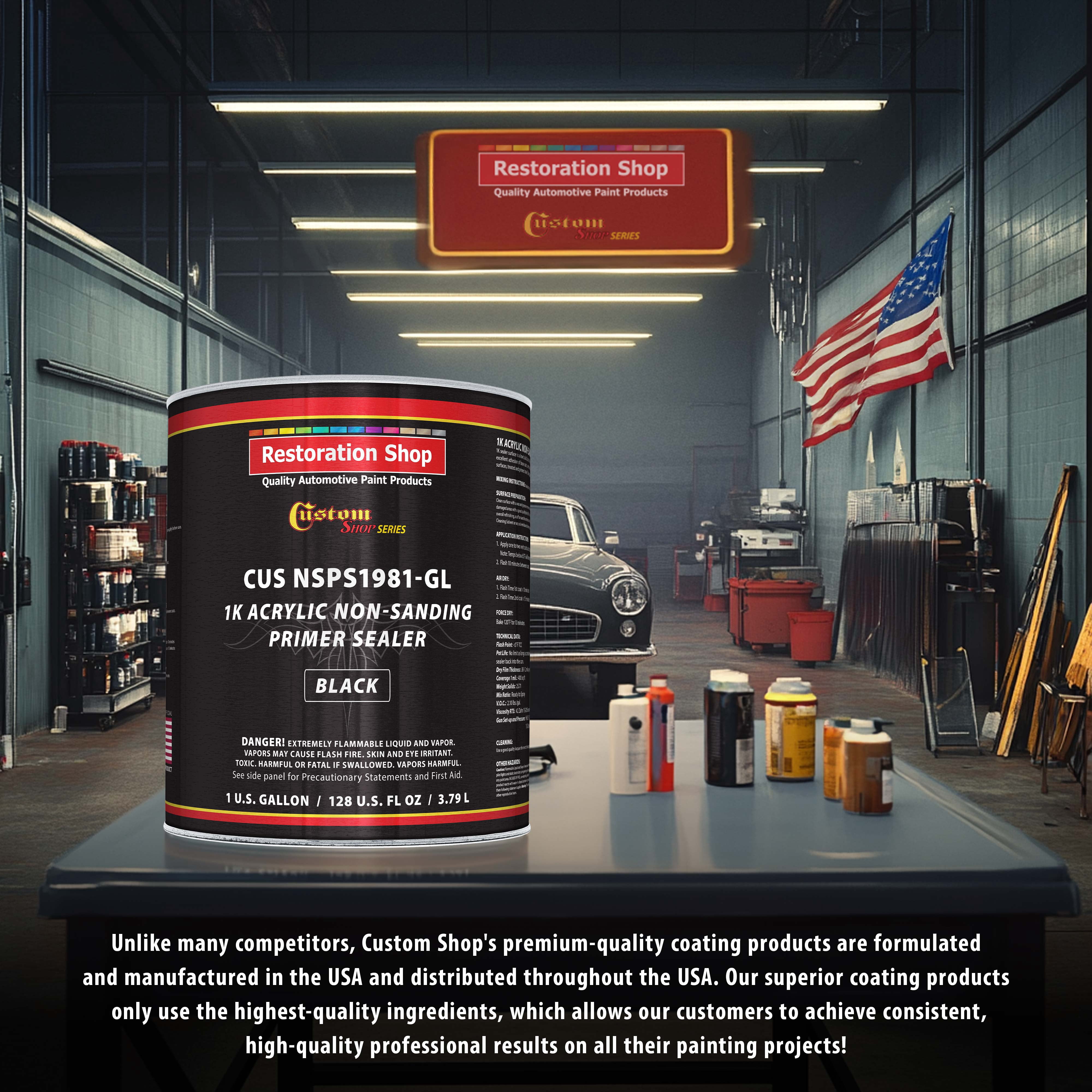 Custom Shop Premium 1K Acrylic Non-Sanding Primer Sealer Paint, Color Black, 1 Gallon - Fast Drying, Ready-To-Spray, Apply Over Automotive Primer Surfacers, Sanded Finishes - Topcoat Urethane, Enamel