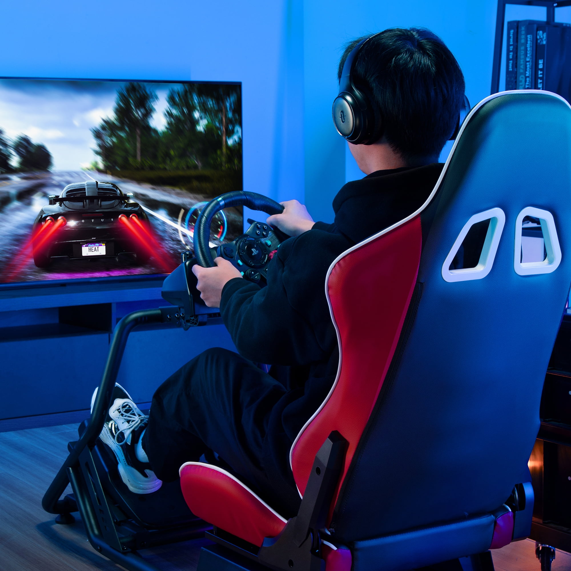 ARES WING Racing Simulator Cockpit with Seat, Adjustable Sim Racing Cockpit Compatible with Logitech, Thrustmaster, Fanatec, Moza, for PS5, PS4, Xbox and PC, Red