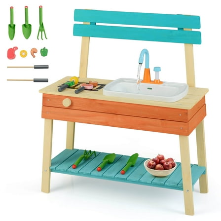 Costway Play Kitchen for Kids Wooden Toy Kitchen Playset with Wood Skewers Grill Rack