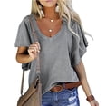 thumbnail image 3 of Blusa con escote en V y mangas con volantes en color puro para citas casuales de mujer, estilo elegante de verano, 3 of 6