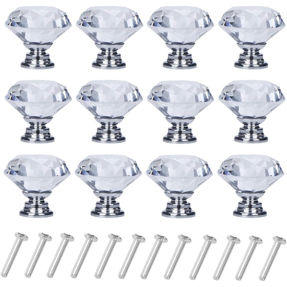 Ustris 12 Pack Drawer Knobs Diamond Shaped Crystal Glass 30mm Cabinet Knobs Pull Handles (Silver)