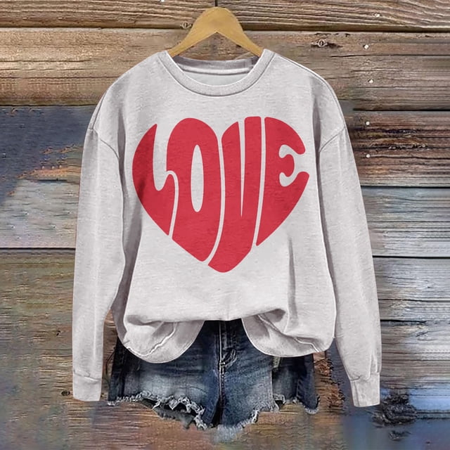 Jsaierl Sweatshirts de la Saint-Valentin pour Femmes Manches Longues Imprimé Cœur Pull Col Rond Chemises Décontractées Confortables