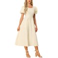 thumbnail image 4 of INSPIRE CHIC Women's Dress Summer Puff Sleeve Round Neck Solid Textured Flare Dresses L Beige, 4 of 6