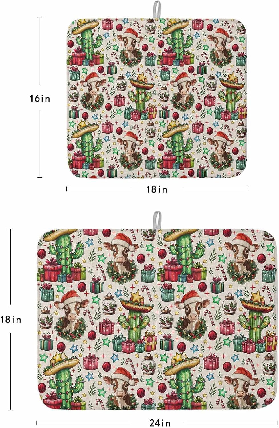 Christmas Dish Drying Mat for Kitchen Counter, Western Cow Cactus Xmas Balls Botanical Rustic Baby Bottle Microfiber Drying Pad, Absorbent Coffee Cup Dishes Drainer Mats 16"x18", 2 Pcs