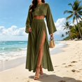 thumbnail image 4 of Womens Matching Sets Summer 2 Piece Beach Vacation Outfits Long Sleeve Crop Top High Slit Maxi Skirt Set Resort Wear, 4 of 6