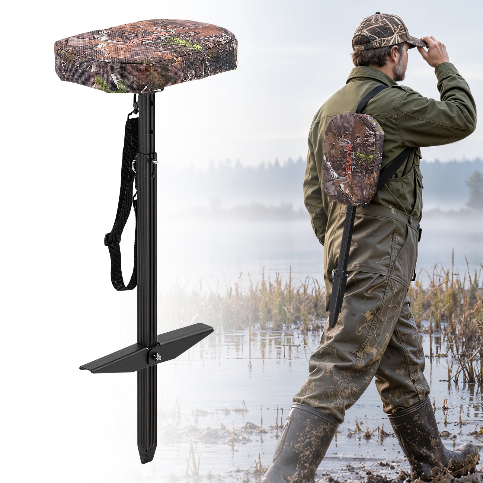 VEVOR Marsh Seat 25.6-37 in Adjustable Duck Hunting Seat 300 lb Capacity Waterfowl Mud Seat for Wetlands & Swamps 2 Large Mud Plates Lightweight Aluminum Frame 600D Camo Fabric & Shoulder Strap