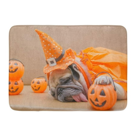LADDKE Cute Pug Dog Costume of Happy Halloween Day Sleep Rest on Sofa Plastic Pumpkin Jack O Lantern Doormat Floor Rug Bath Mat 23.6x15.7 inch
