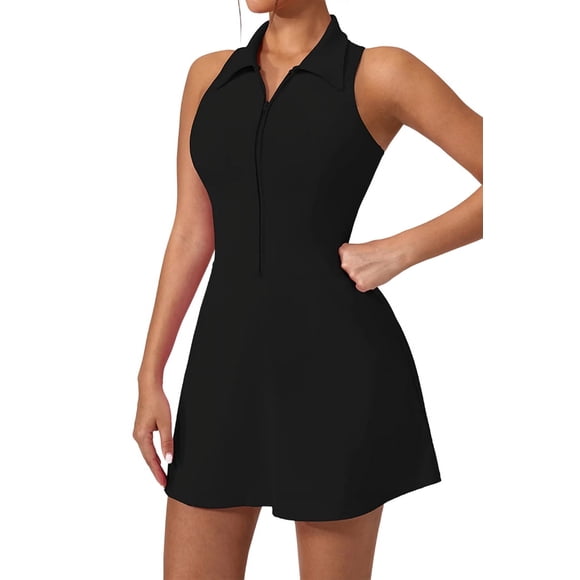 Womens Zip Front Tennis Dress Collar Racer Back Workout Golf Dresses Build in Shorts with Pockets Black M