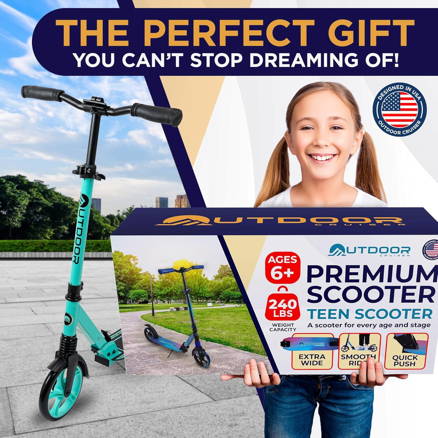 OutdoorCruiser Kick Scooter for Ages 6+, Kids, Teens & Adults, Foldable, Dual Suspension, 3-Level Adjustable Handlebar, Child Safety Approved, Aqua