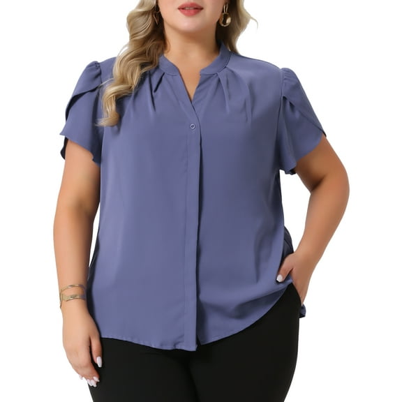 DARING DIVA Women's Plus V Neck Petal Sleeve Button Down Chiffon Blouse 1X Blue