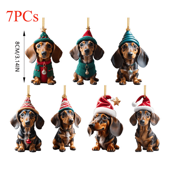 Dpityserensio 7PCs Christmas Dachshund Ornaments Car Interior Christmas Pendant Christmas Tree Decoration Hanging Ornament Holiday Home Decoration