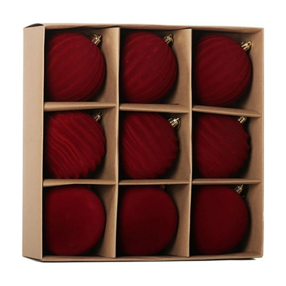 3.15Inch Burgundy Velvet Christmas Ornaments Balls Flocked Christmas Tree 9PCS Plastic Balls Christmas Hanging Ornaments Christmas Tree Holiday Decoration