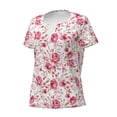 thumbnail image 2 of Goofa Rose Flowers Pattern Womens Deep V Neck Low Cut Tops Casual Summer Short Sleeve Ribbed Knit T-Shirts-Small, 2 of 5