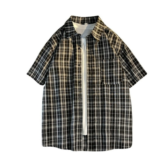 KeShDi Flannel Shirts Men's Lapel Short Sleeved Plaid Top Shirt Short Sleeved Lapel Top/shirt Black 2X