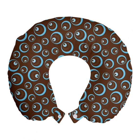Brown and Blue Travel Pillow Neck Rest, Circular Pattern Abstract Oval Shapes Illustration Ornament Art Design, Memory Foam Traveling Accessory Airplane and Car, 12", Brown Pale Blue, by Ambesonne