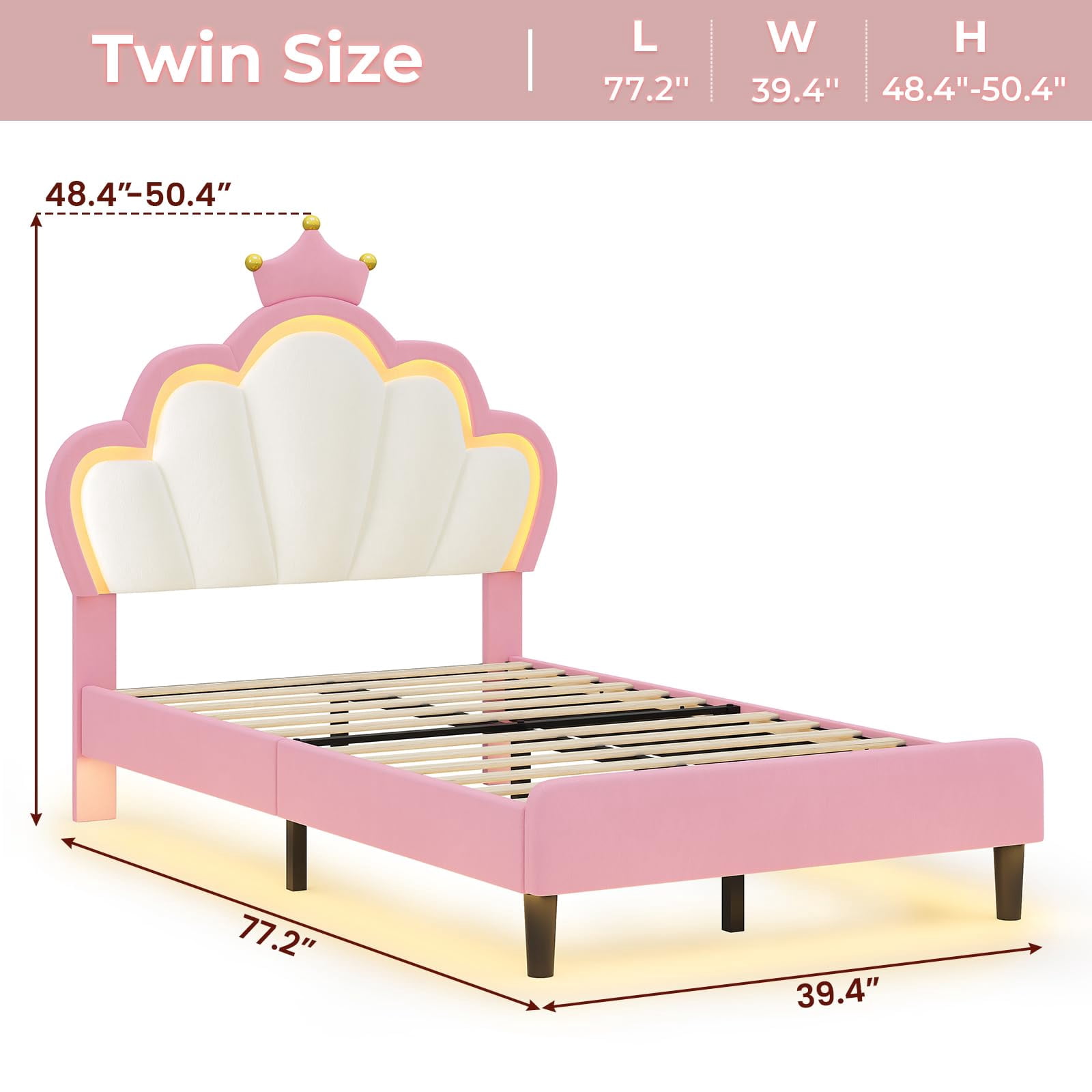 Afuhokles Twin Size Bed Frame with LED Lights and Princess Crown, LED Velvet Upholstered Platform Bed Frame with Adjustable Headboard, Pink