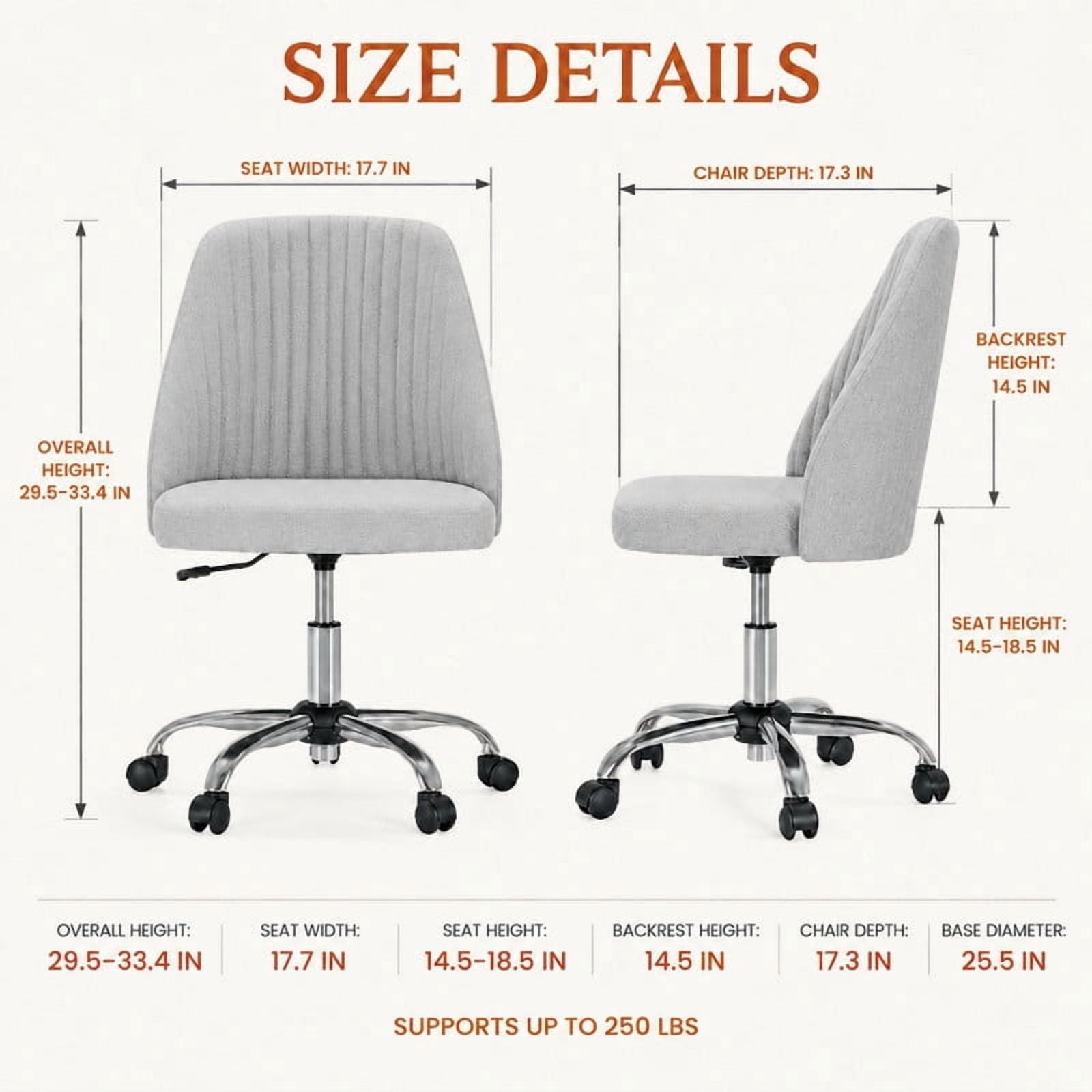 BEAUTYPEAK Armless Vanity Chair Adjustable Swivel Fabric Desk Chair with Padded Seat Wheels Mid-Back Office Chair, Light Gray