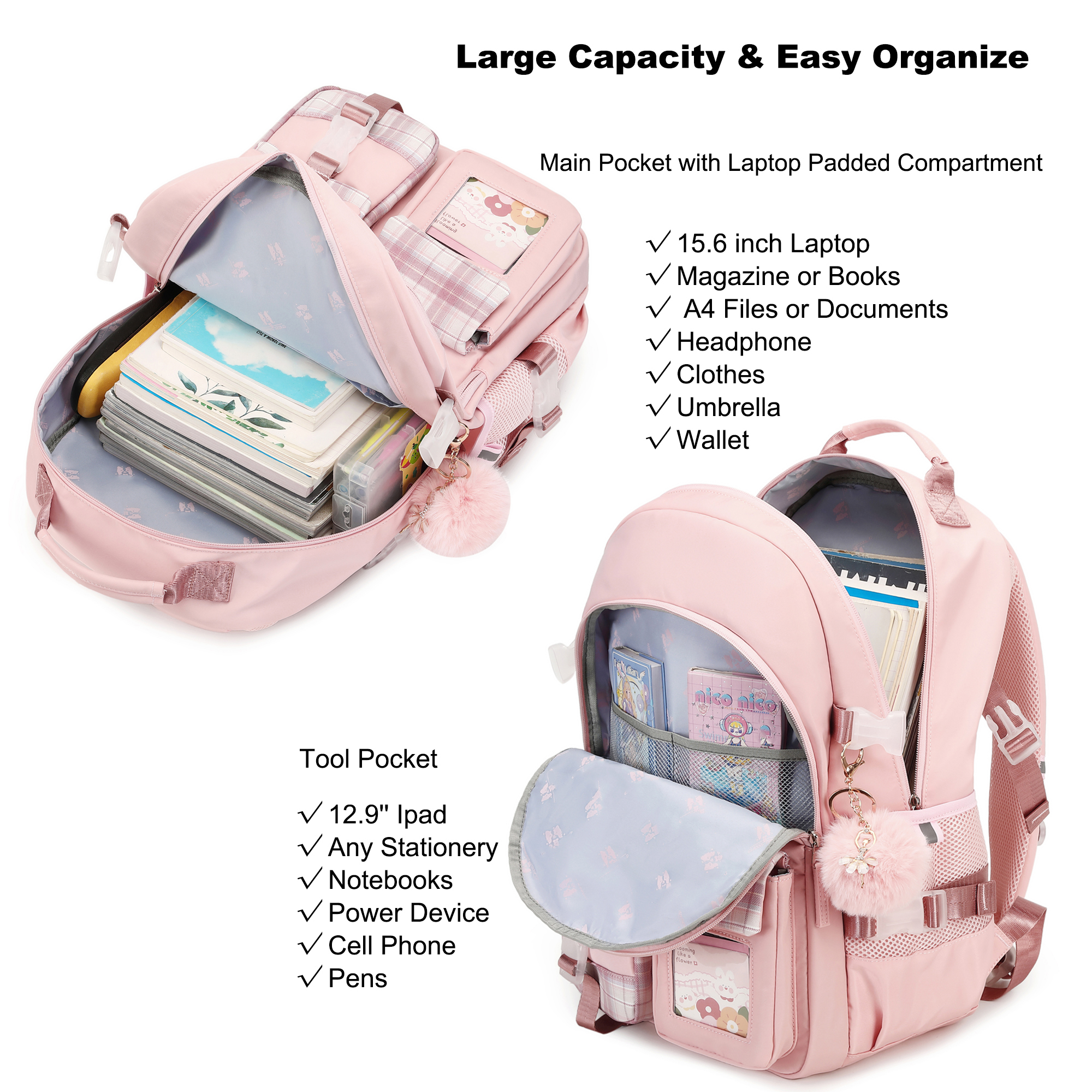 Mochila para niñas, para laptop de 15.6 pulgadas, para jardín de infantes y primaria, grande, para mujeres estudiantes, casual, para viajes (rosa) 5
