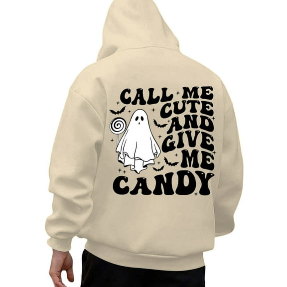 Mens Hoodies Casual Halloween Ghost Print Pullover Warm Long Sleeve Comfortable Hooded Sweatshirt Fall Winter Streetwear Loose Sweatshirts for Men Beige L