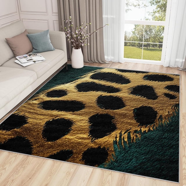Leopard Print Rugs for Bedroom - 4x6 Rug, Cheetah Print Rug - Home Decor, Emerald Green and Gold Area Rug, Animal Print Wildlife Washable Rugs for Living Room, Modern Luxury Carpet, Leopard Print Gift