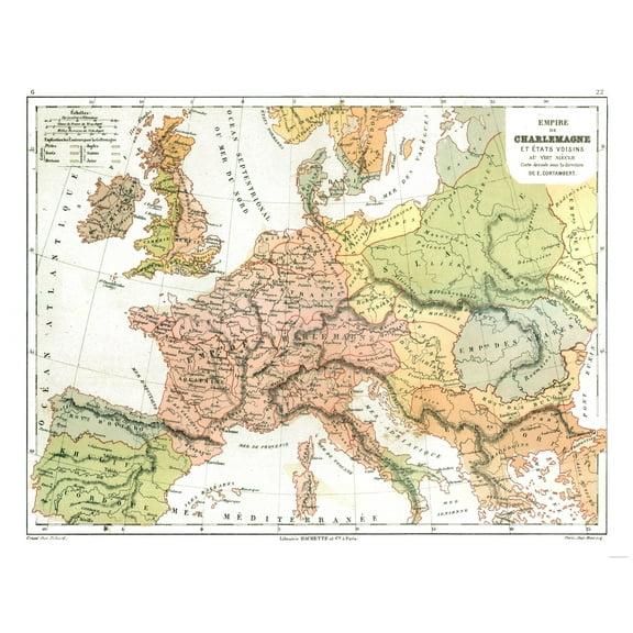 Historic Map - Europe Charles the Great Empire - Cortambert 1880 - 29.89 x 23 - Vintage Wall Art
