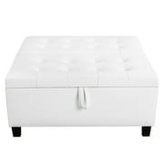 Ciara 35-Inch Air Leather Tufted Upholstered Lift-Top Ottoman Bench, Large Square Storage Coffee Table for Living Room, Toy Box, Footrest Stool, White Ottoman with Spacious Interior Compartment- White