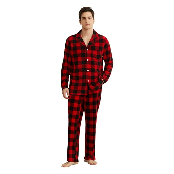 Vulcanodon Mens Fleece Pajama Set, Ultra Soft Warm Long Sleeve Prints Sleepwear Cozy Button Down Pjs for Men(BUFFALO PLAID-RED, M)