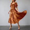 thumbnail image 2 of DHFJKG Womens Square Neckline Dresses Puff Short Sleeve Smocked Waist Cami Long Dress Velvet Solid Color Tiered Maxi Stylish Dresses, 2 of 5