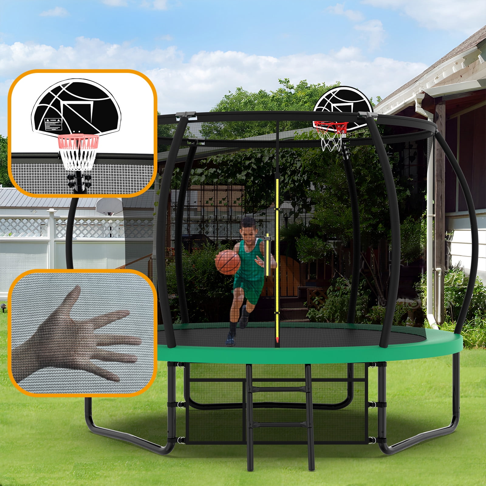 EUROCO Outdoor Trampoline with Basketball Hoop & Two-Step Stairs, 10FT 12FT 14FT 15FT 16FT Trampoline for Adults and Kids