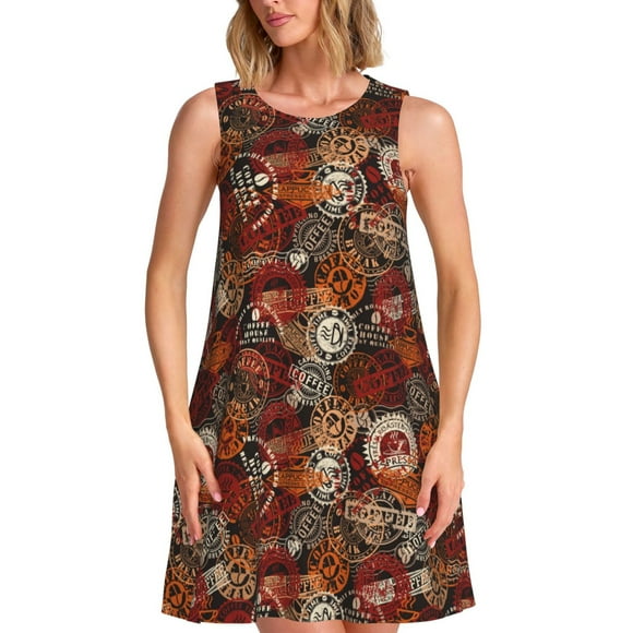 Bixox Coffee Stamp Print Women's Sleeveless A-Line Dress with Pockets, Casual Knee-Length Tank Dress for Summer-Small