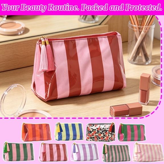 Cosmetic Pouch, Striped Waterproof Travel Pouch, Tassel Zip Makeup Bag Organizer, Travel Makeup Bag for Purse and Luggage, 9X6X3.5 Inch Spacious Zipper Pouch for Storing
