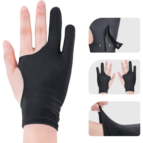 Artist Drawing Glove 3-Layer Palm Rejection [2 Pack Black] Right Left Hand Digital Art Graphic Tablet iPad Gloves Two Finger Smooth Elasticity Breathable for Stylus Pen Pencil Sketching Painting