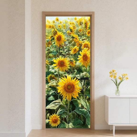 Door Sticker Peel Stick Removable Self Adhesive Door Mural Decal Vinyl PVC Waterproof Cover Wallpaper 31.48×78.74 Inch Creamy Sunflower Green Leaf