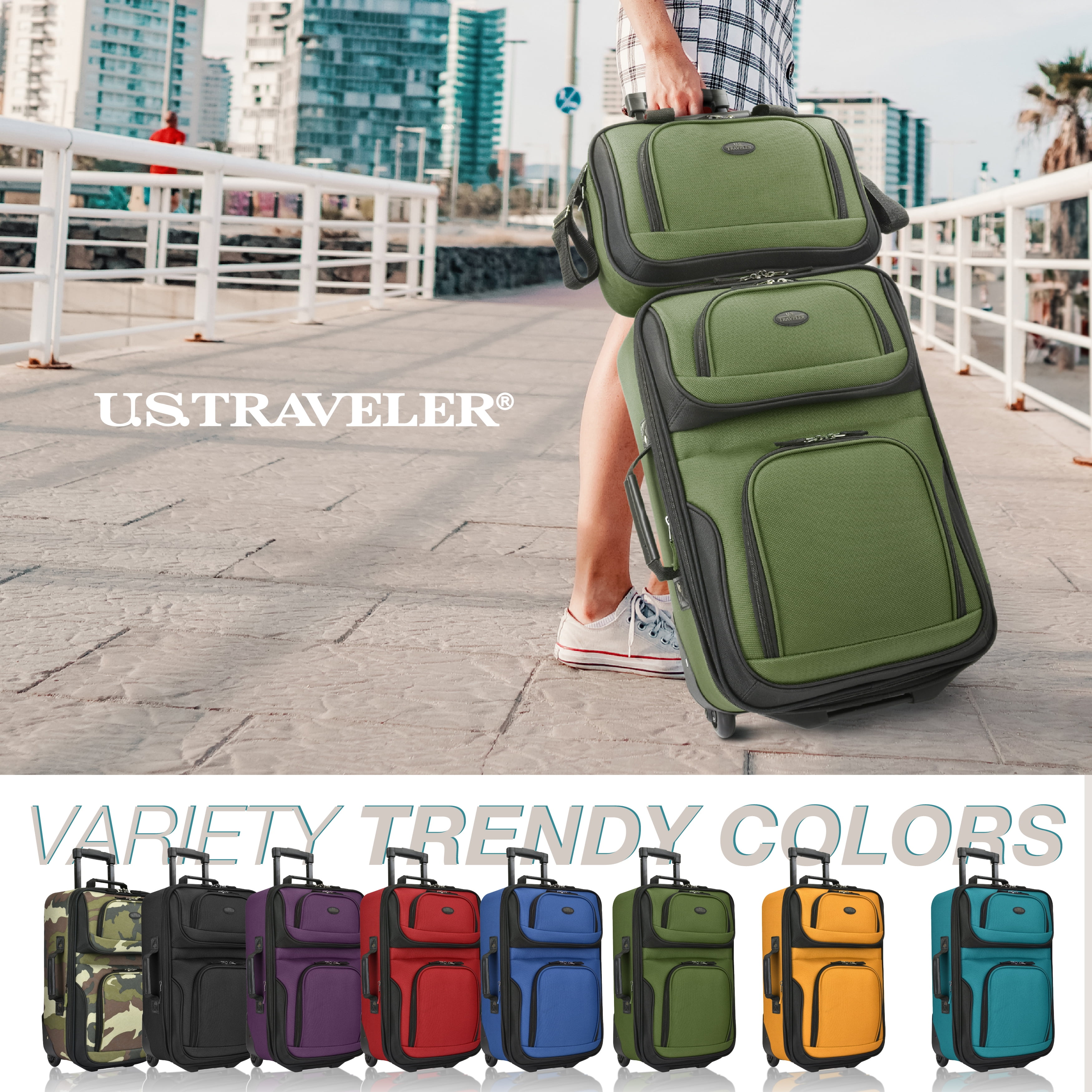 U.S. Traveler Rio Rugged Fabric Expandable Rolling Carry-on Luggage Set w/ Tote, Green, 2-Piece (21/10)