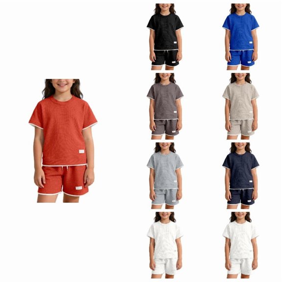 Boys Girls Waffle Knit 2 Piece Set Short Sleeve Top and Shorts 3-14Y Casual Summer Outfit for Kids,Orange,5-6 Years