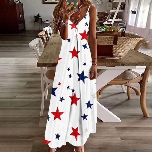 Vetsdori Fourth of July Maxi Dress for Women Red White and Blue Tank Slip Dress Backless Party Summer,Star Print V-Neck Womens Dress Ankle Length