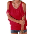 thumbnail image 1 of UKAP Women Summer Crew Neck Shirts Cold Shoulder Holiday Beach Casual Bat Sleeve Blouse S-XXXL Red M(US 6-8), 1 of 2