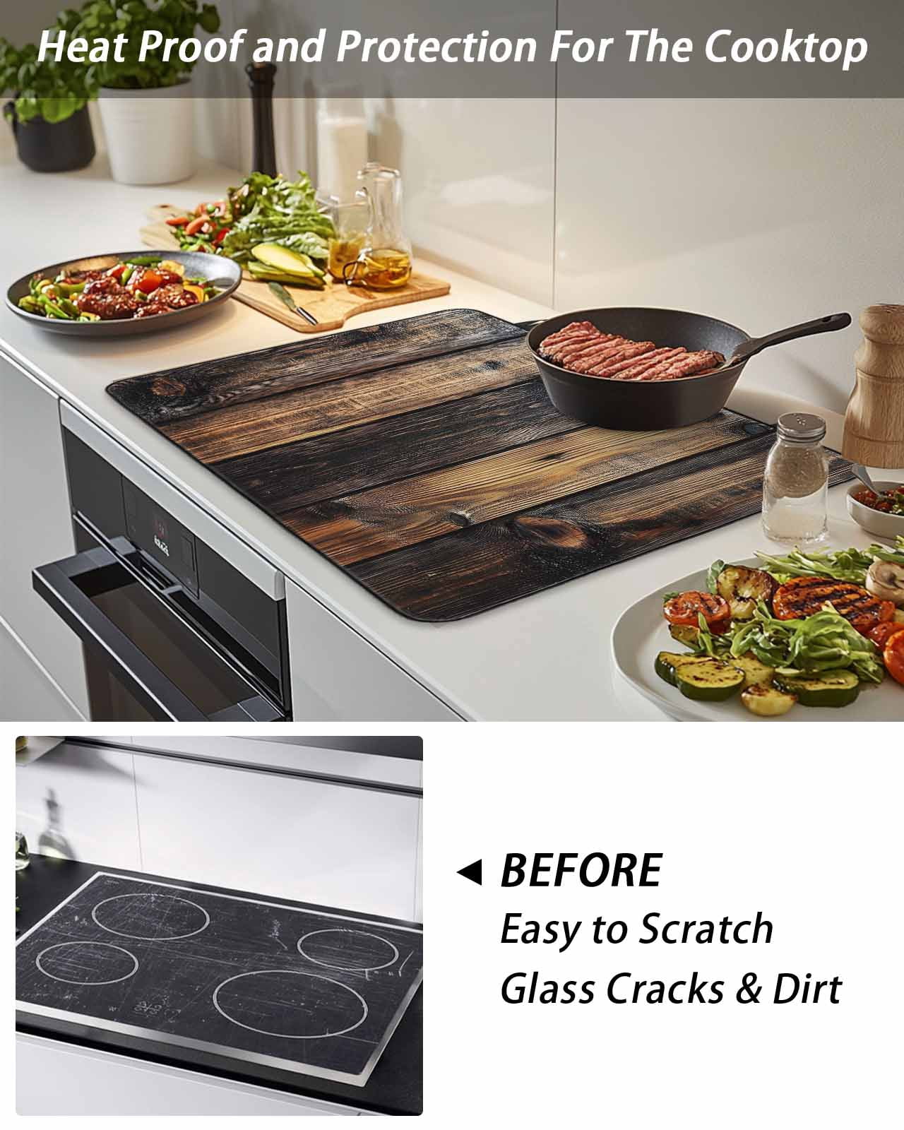 Stove Top Covers for Electric Stove 31x24 Inches, Black Brown Board Heat Insulation Fireproof Glass Cooktop Protector, Vintage Chic Shabby Wooden Grain Countertop Stovetop Cover for Kitchen