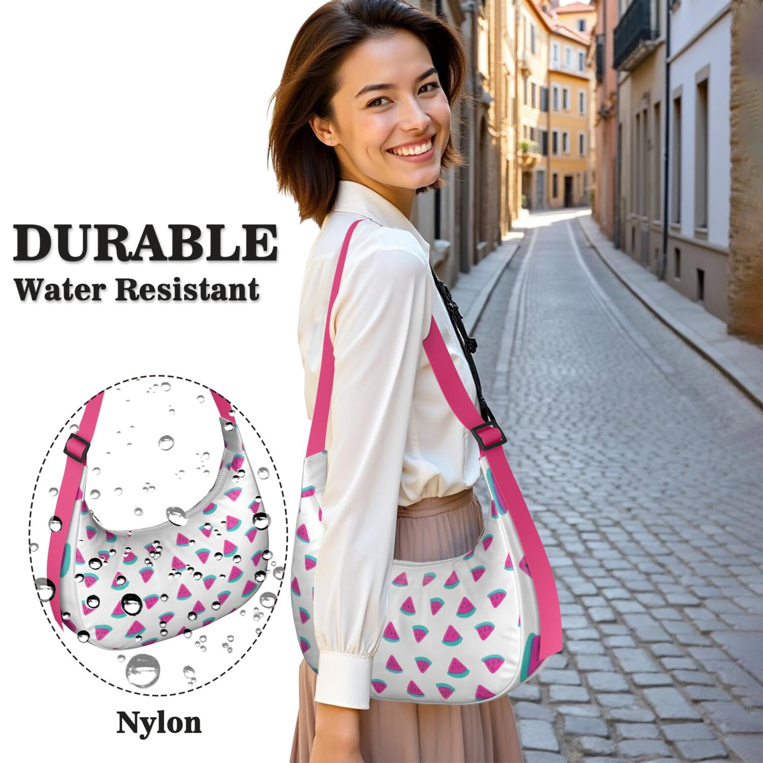 Fresh Watermelon Geometric Print Crossbody Handbag for Women, Lightweight Tropical Fruit Shoulder Tote, Water-Resistant Summer Beach Party Hobo Purse