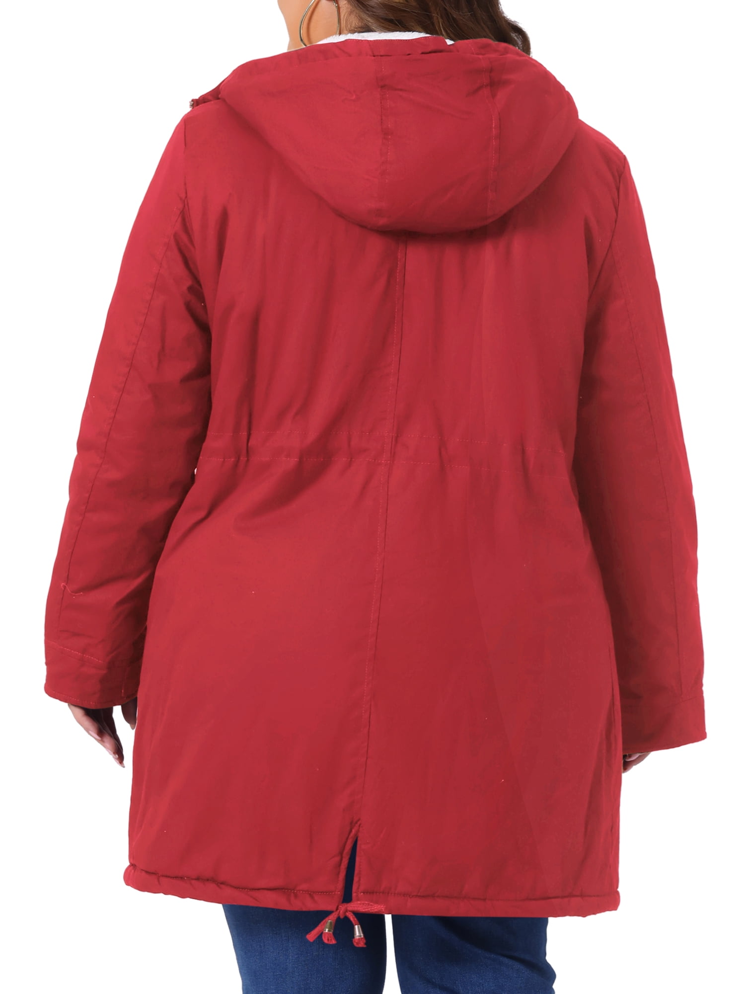 DARING DIVA Women's Plus Size Faux Fur Lined Long Anorak with Hood 2X Red